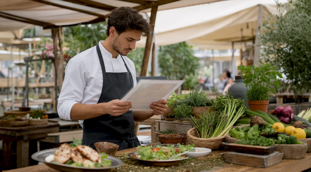 Chef comparing menu nutritional labels with dishes