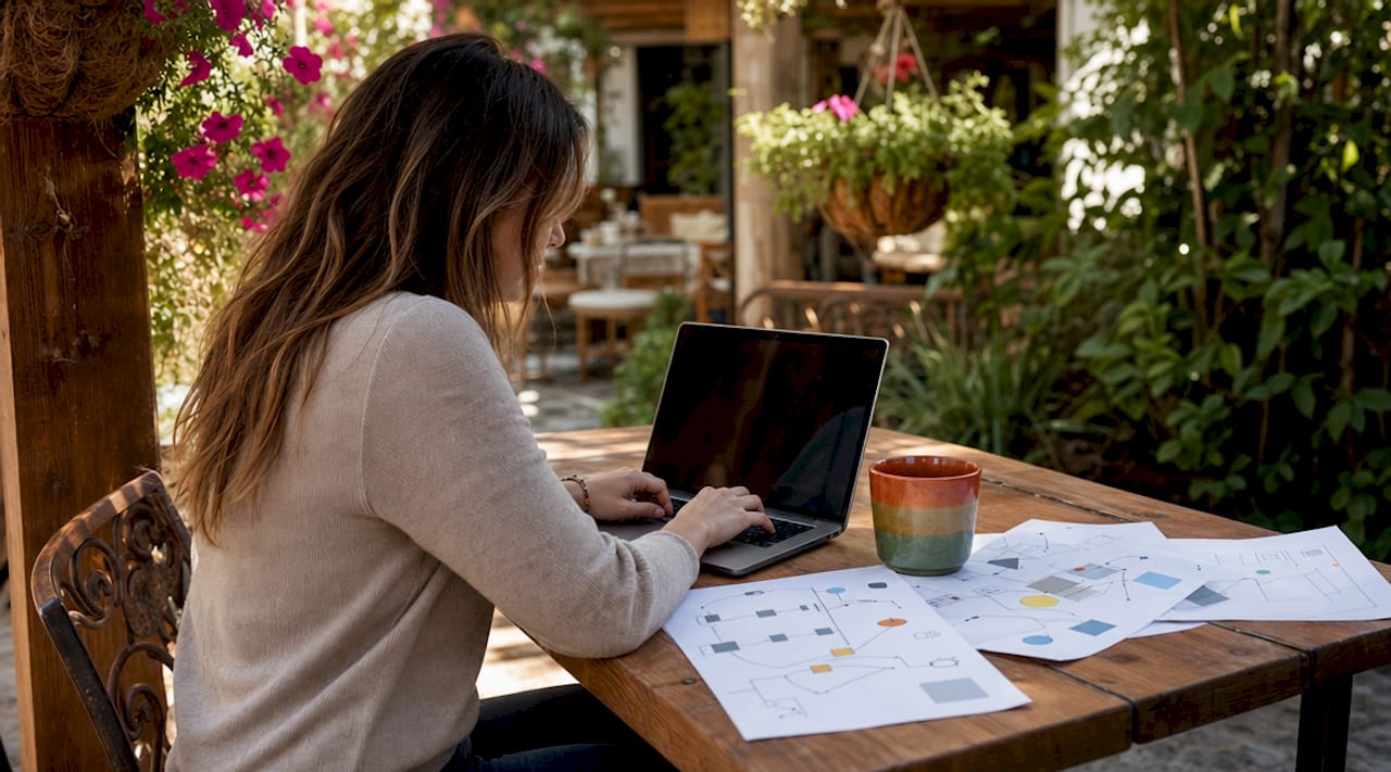 Hands typing with order system diagrams