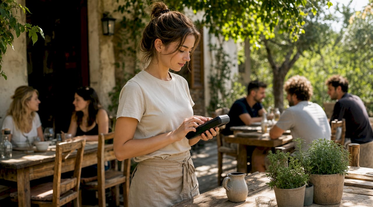 Server using handheld POS at restaurant table