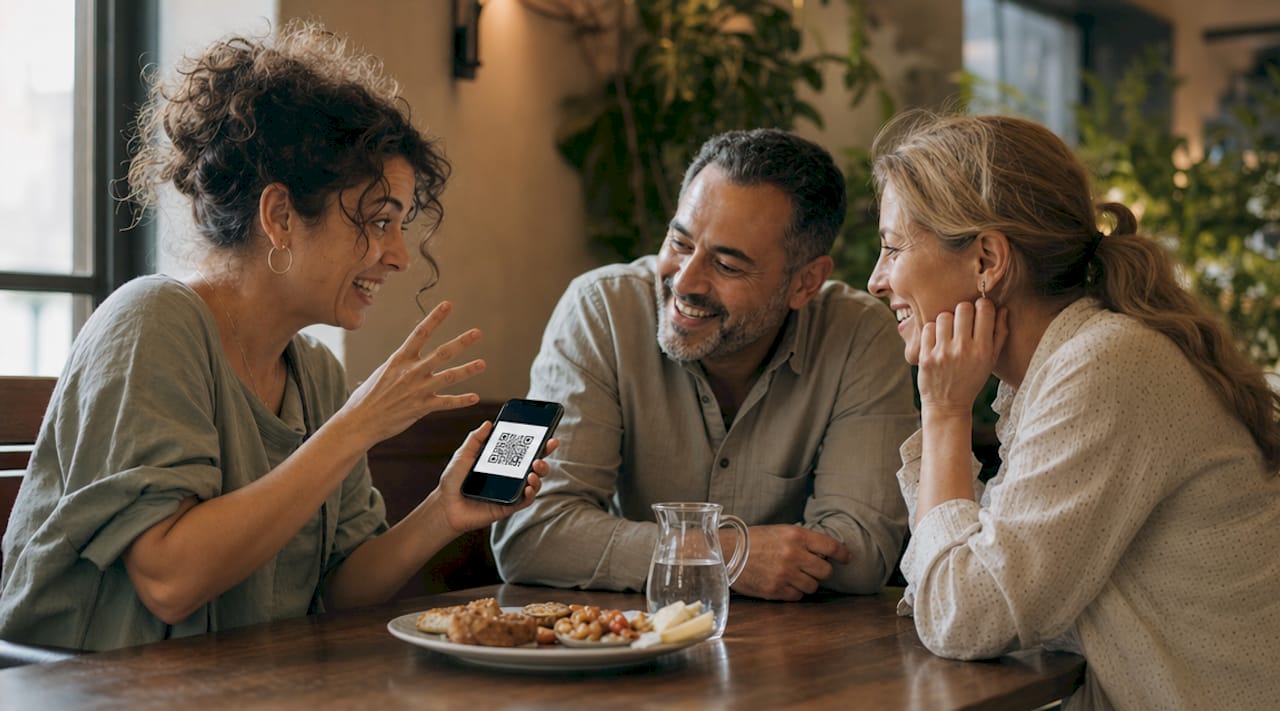 Couple scanning QR code for menu ordering