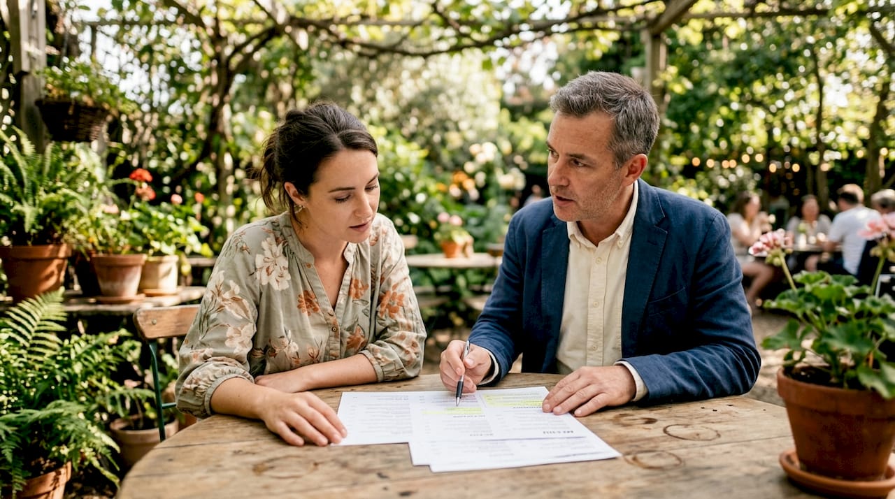 Restaurant owner and consultant reviewing menu design