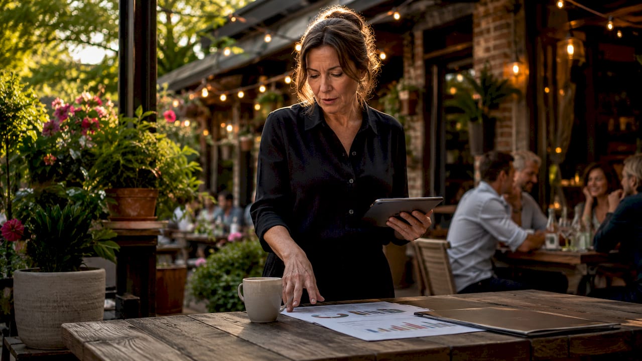 Restaurant manager reviewing table turnover in dining room