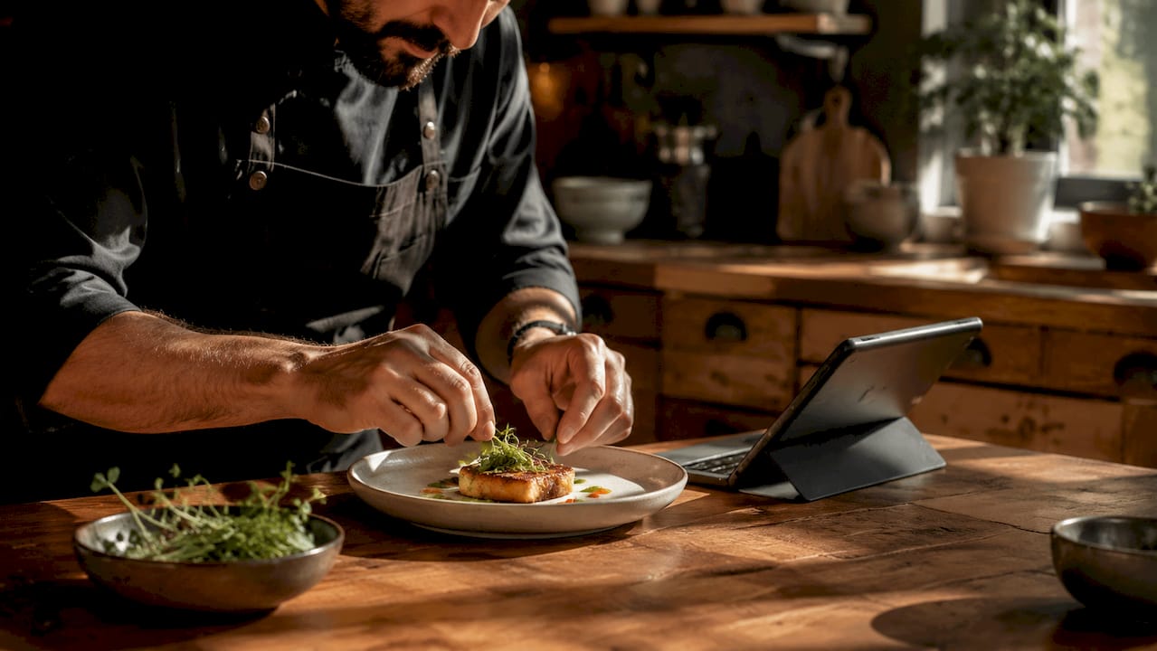 Chef plating dish for menu photography