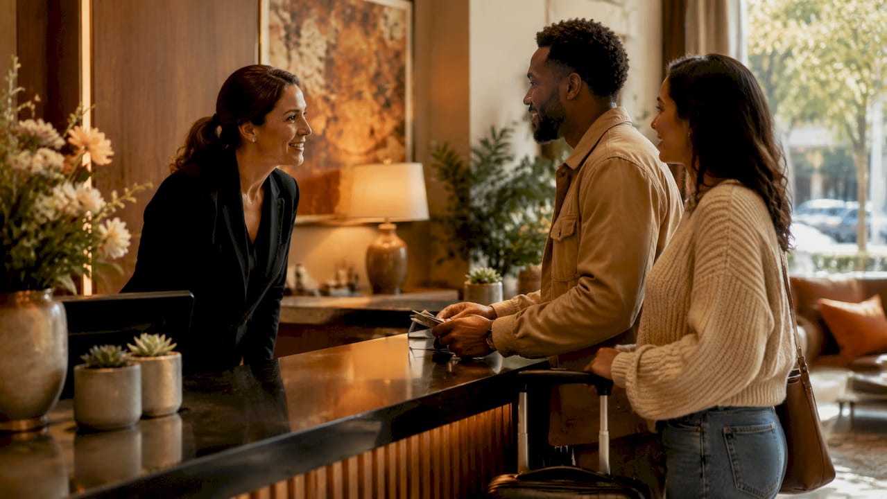 Hotel manager engaging warmly with guests at lobby desk