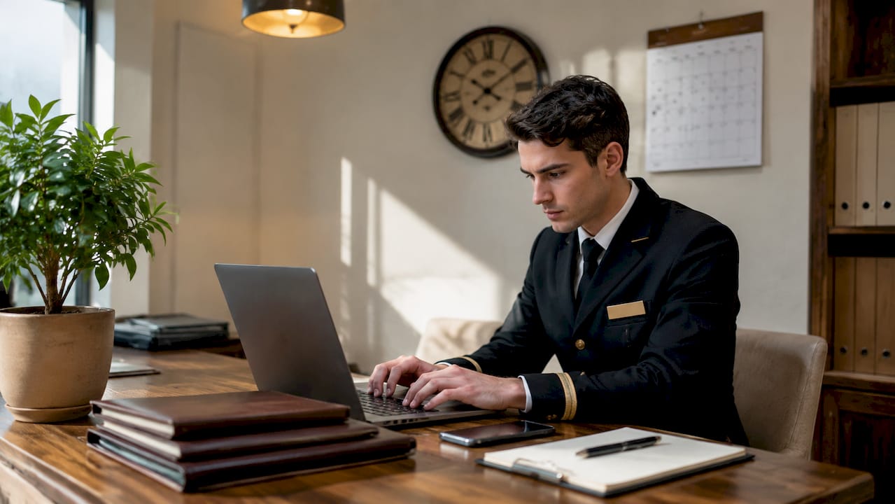 Hotel concierge working on laptop in office