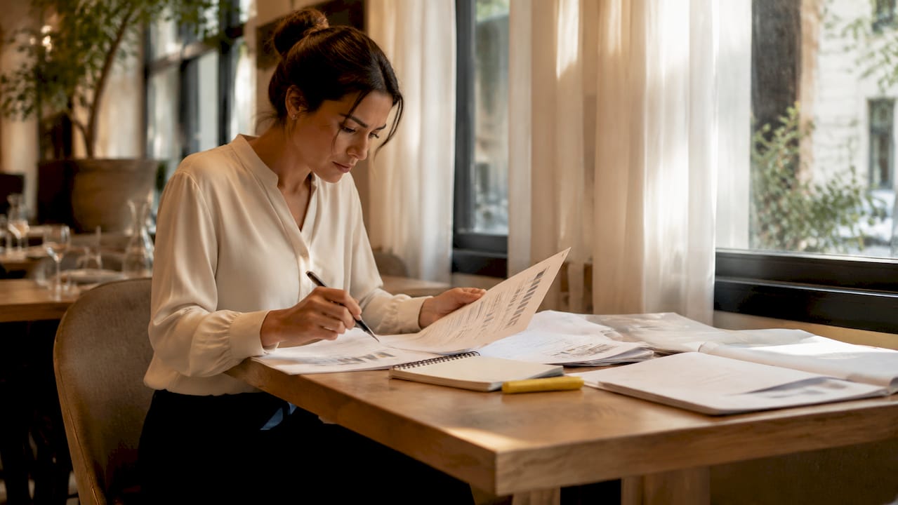 Restaurant manager reviewing sales reports