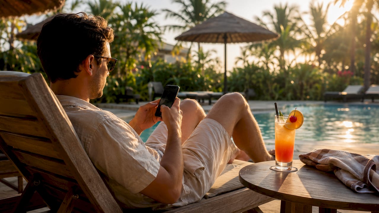 Guest ordering drinks via smartphone at pool bar