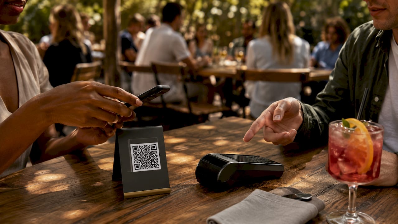 Guest using smartphone and card to pay at table