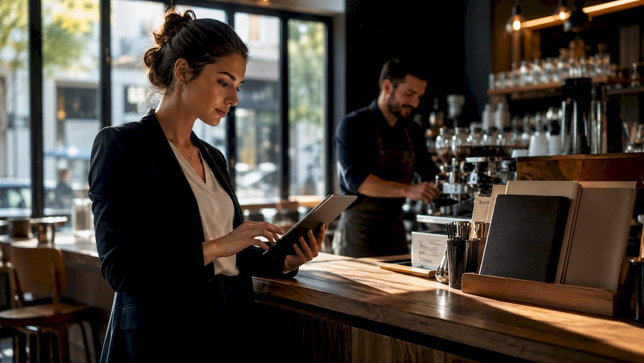 Restaurant manager reviewing payment options on tablet