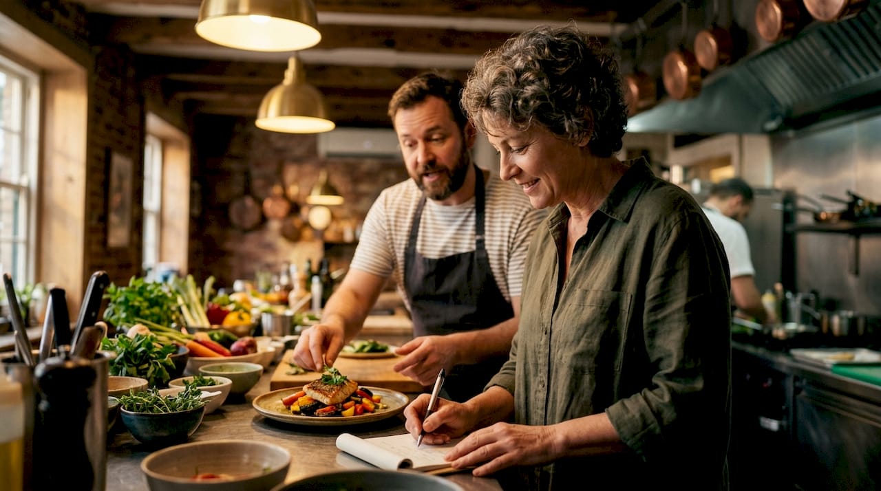 Consultant interviewing chef about local dishes
