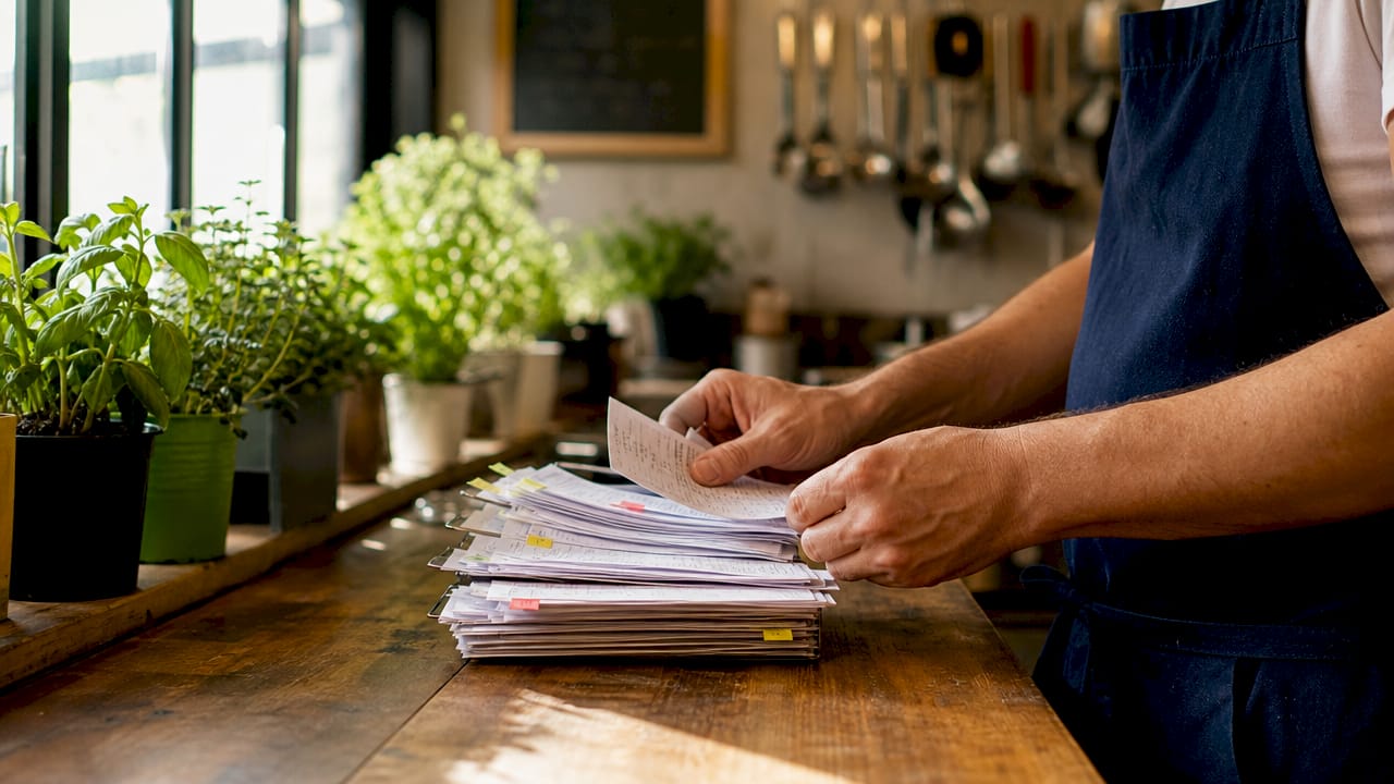 Cook organizing printed third-party delivery orders