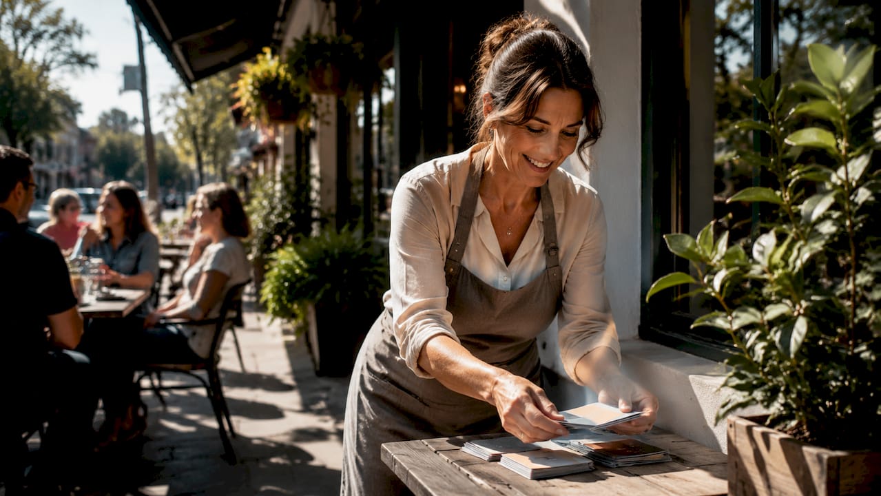 Cafe owner preparing loyalty stamp cards