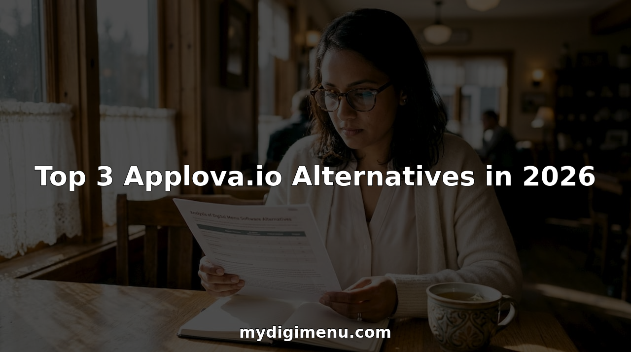 Woman reviewing digital menu software alternatives on paper