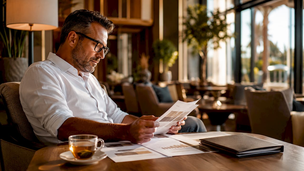 Hospitality manager reviewing loyalty program papers