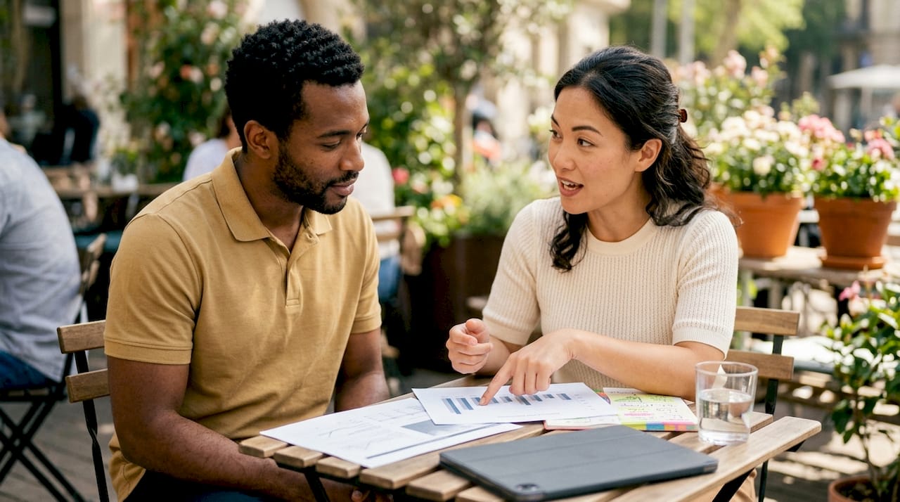 Two professionals discussing loyalty program components