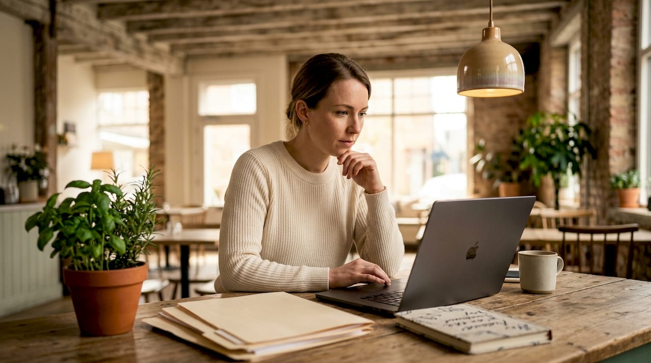 Hotel manager reviewing guest profiles at front desk