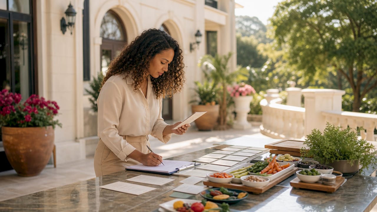 Banquet coordinator planning modular menu in hotel conference room
