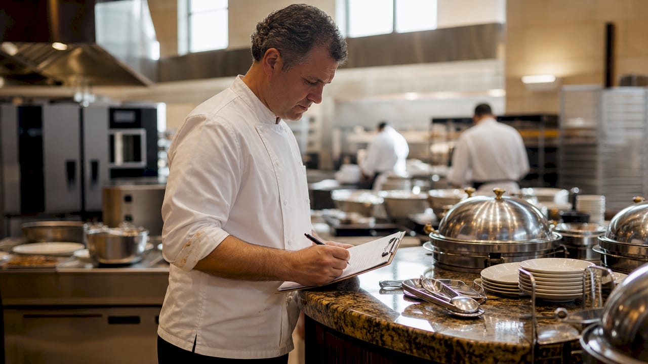 Banquet manager checking portion size and food waste
