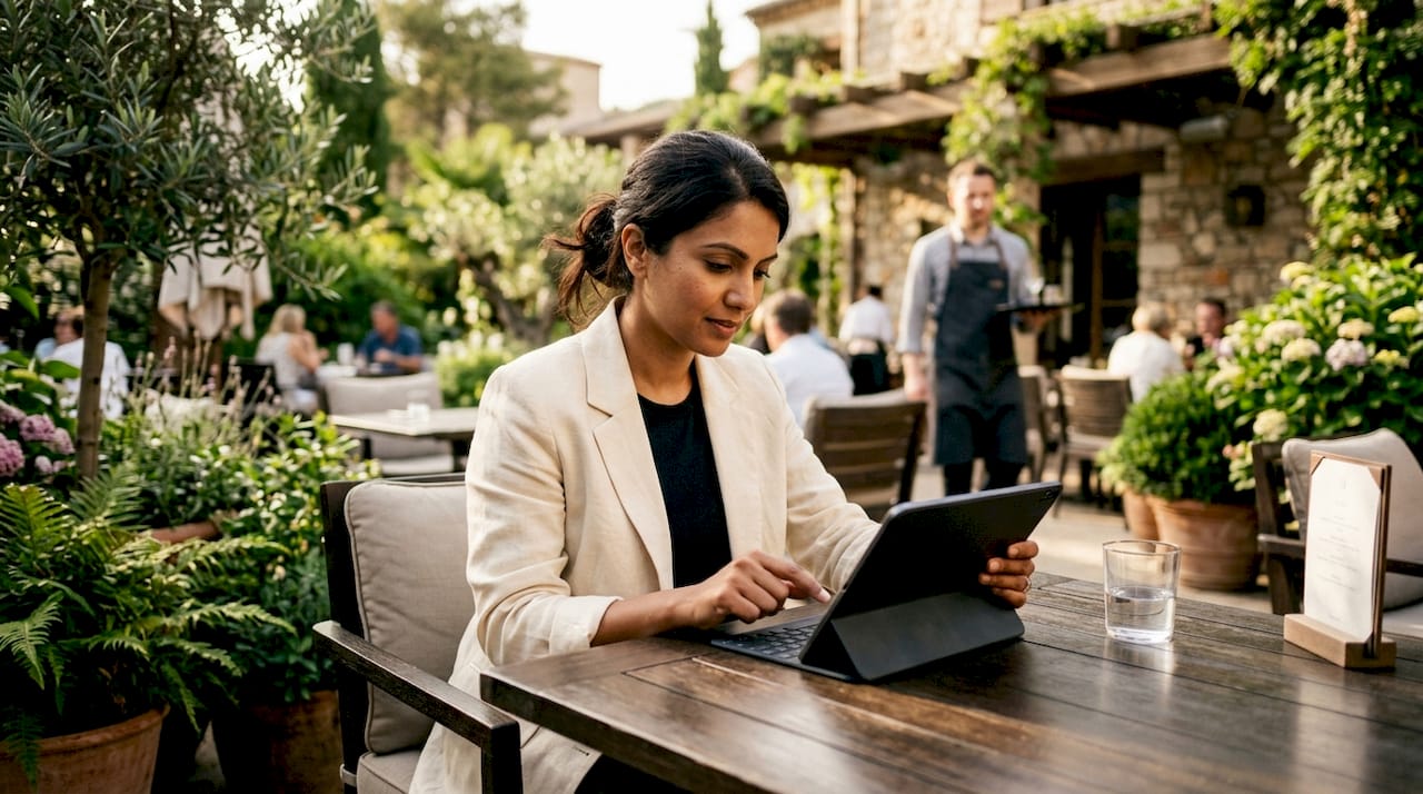Hospitality manager using tablet for upselling strategies