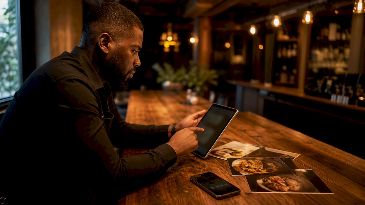 Hands interacting with digital upselling menu on tablet