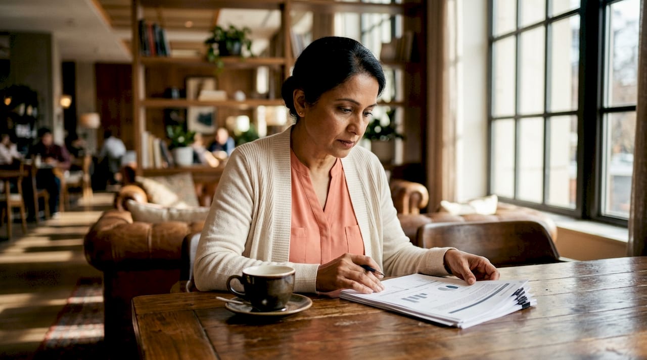 Hospitality manager reviewing automation reports in office