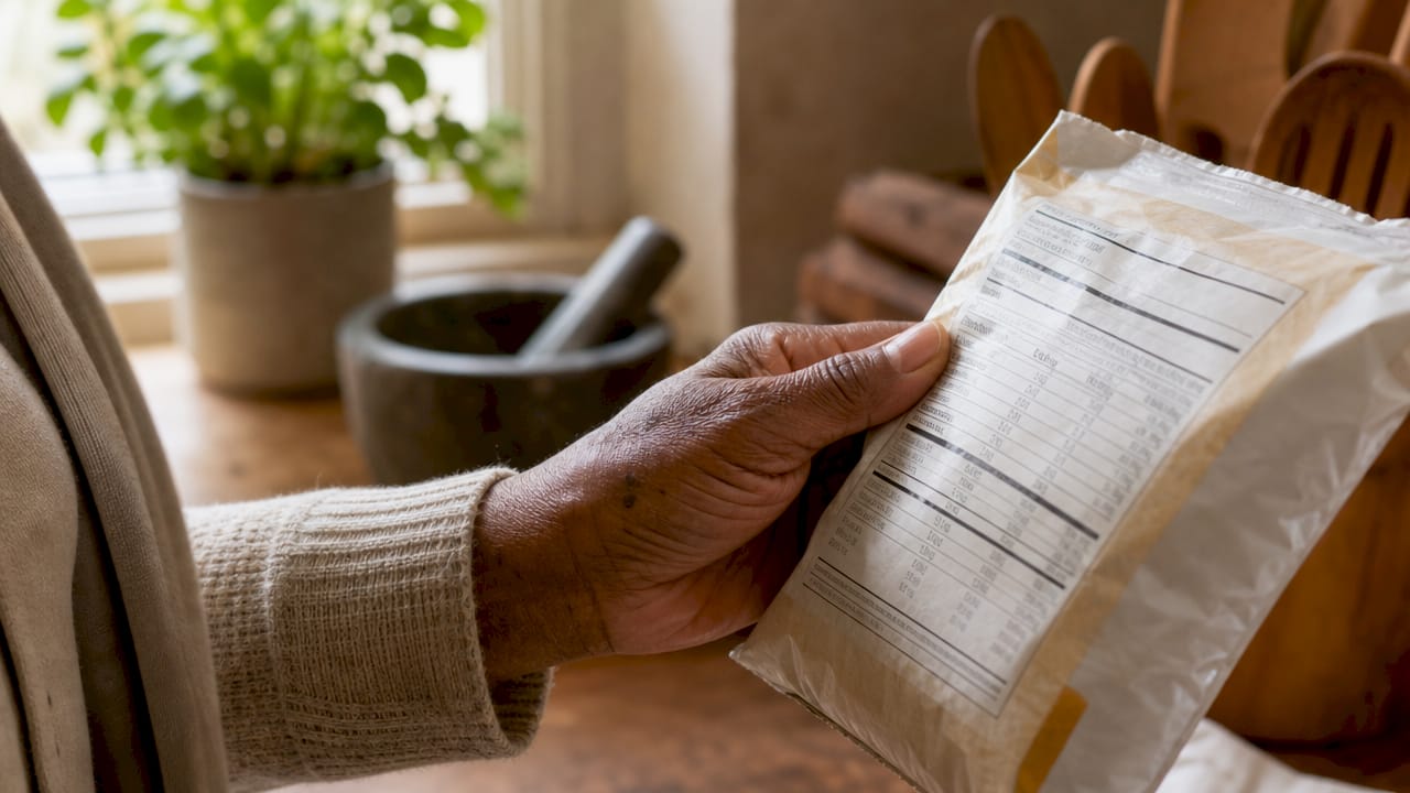 Close-up of hand holding food package with nutrition label