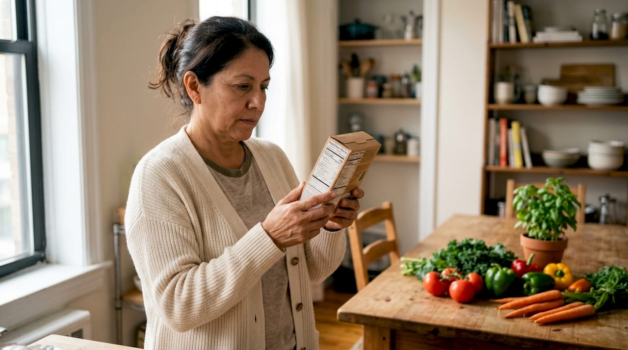Woman reading nutrition label on packaged food