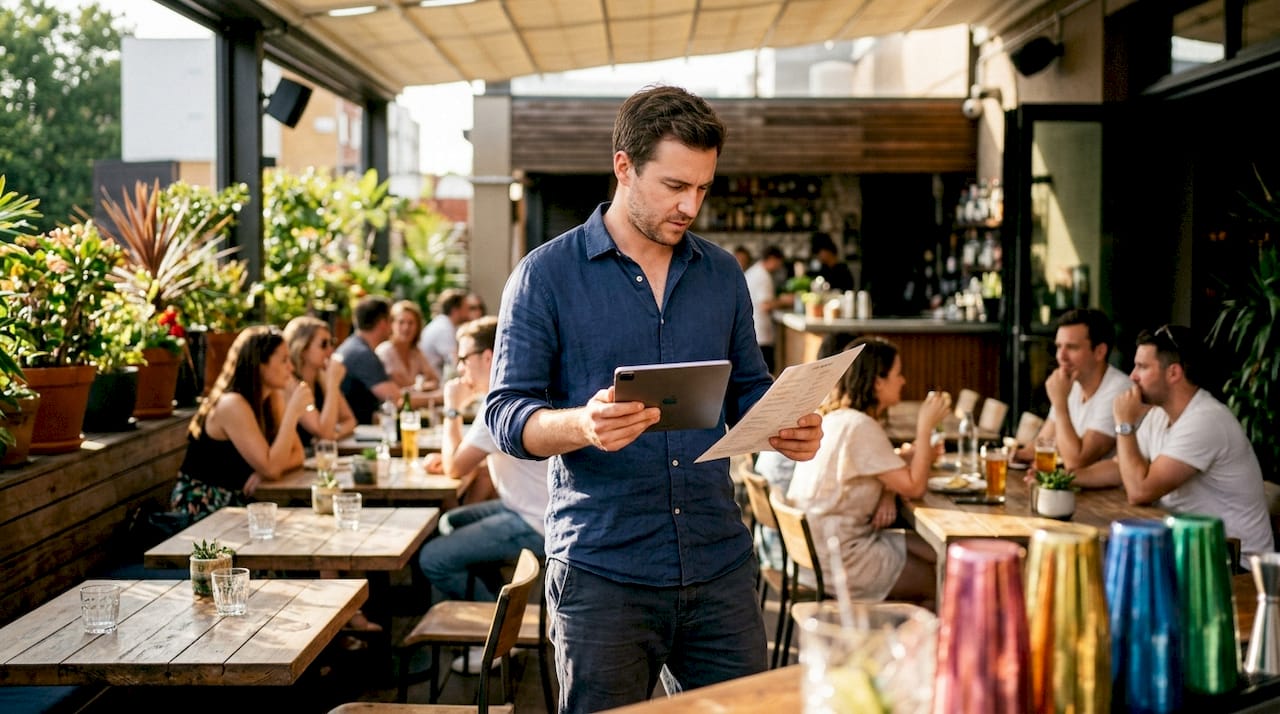 Bar manager reviewing data and menu at bar