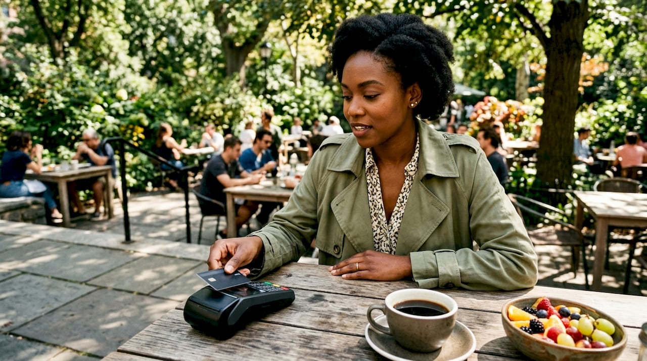Woman using contactless payment at café counter