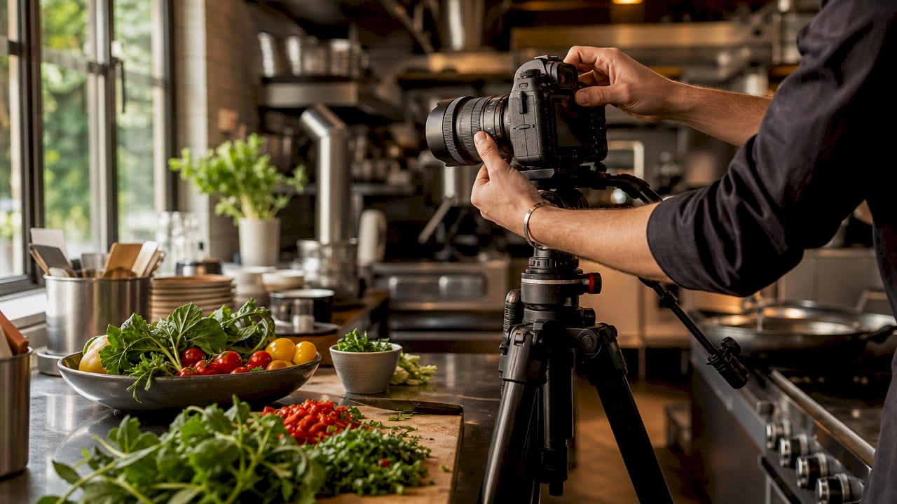 Hands adjusting camera settings in restaurant kitchen