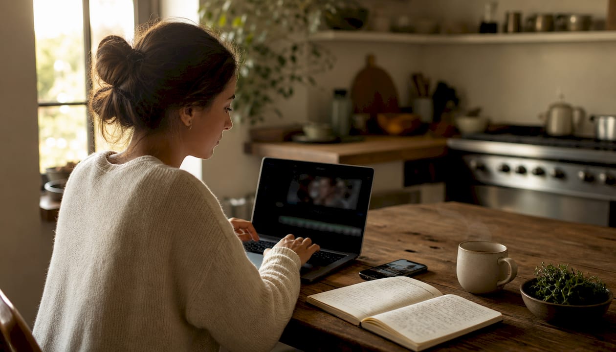 Restaurant owner editing menu video on laptop