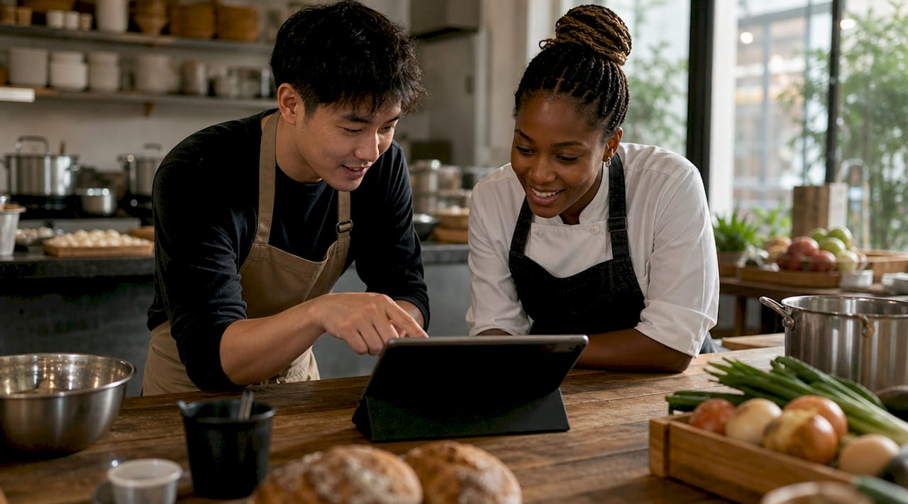 Restaurant staff collaborating on digital menu