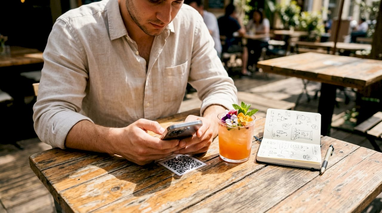 Guest browsing mocktail menu on smartphone