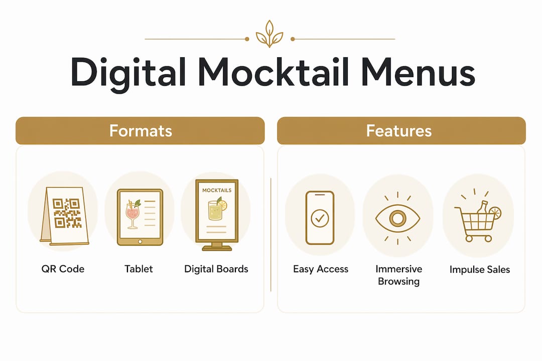 Infographic comparing digital mocktail menu formats and features