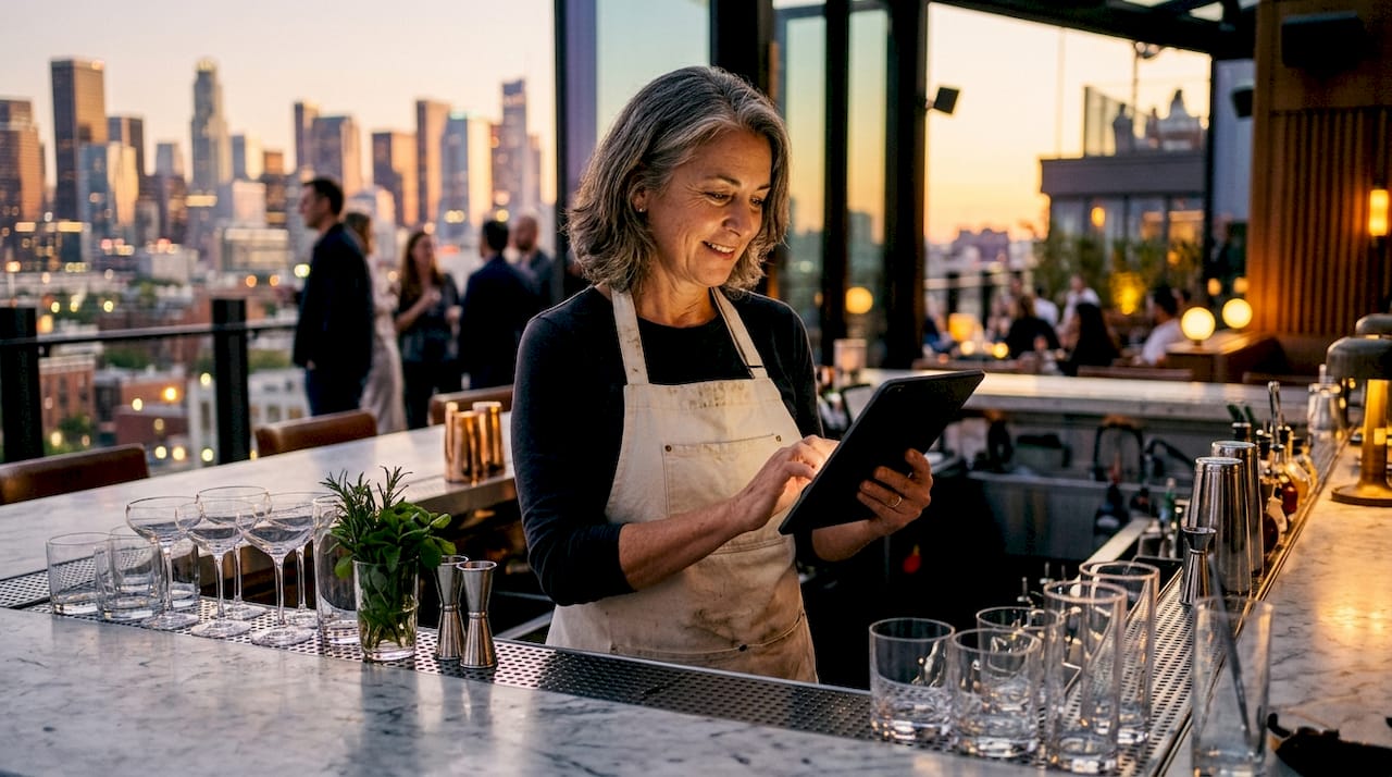 Bartender using digital mocktail menu tablet