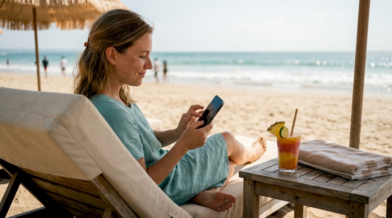 Guest using smartphone for poolside ordering