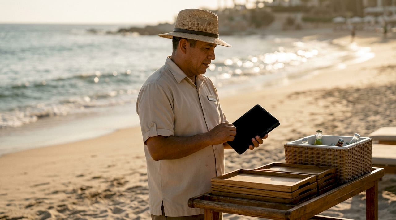 Resort staff using tablet to take orders poolside