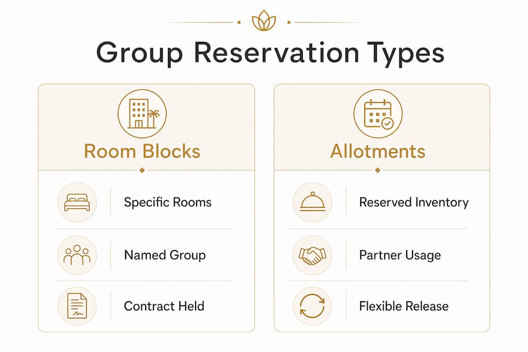 Infographic comparing room blocks and allotments in hotel group bookings