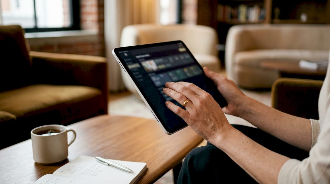 Hands navigating group reservation system on tablet