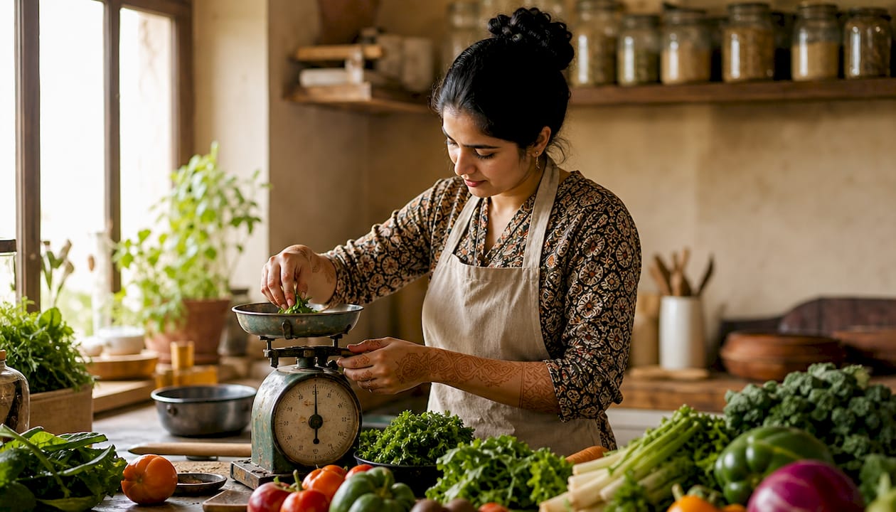 Chef weighing ingredients for nutrition calculation