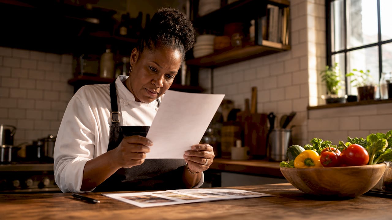 Restaurant manager reviewing nutrition label printout