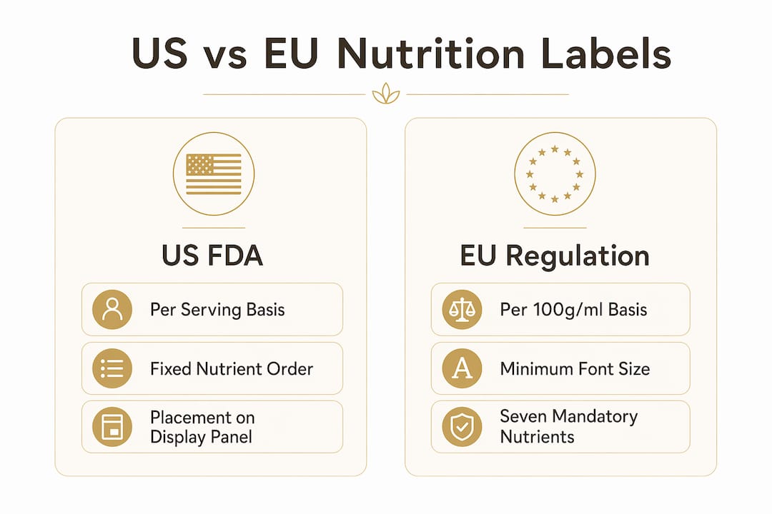 Comparison infographic of US versus EU nutrition label requirements