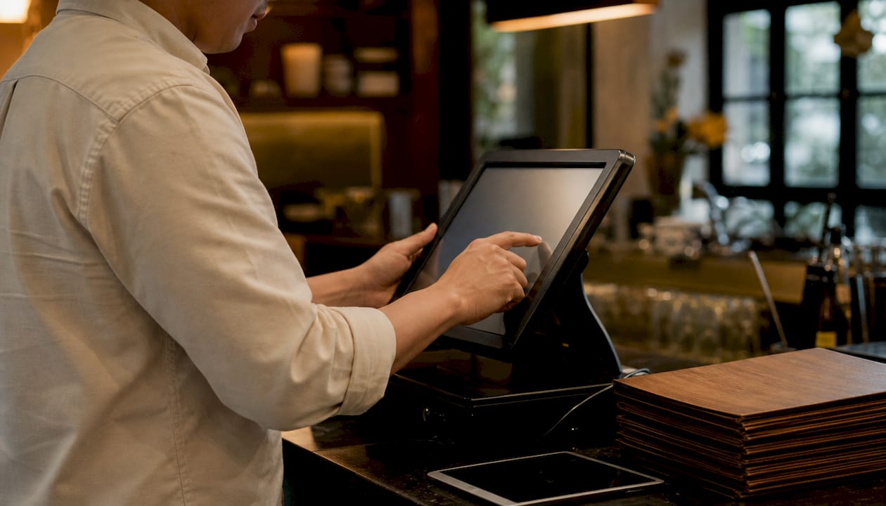 Hands operating point of sale touchscreen register