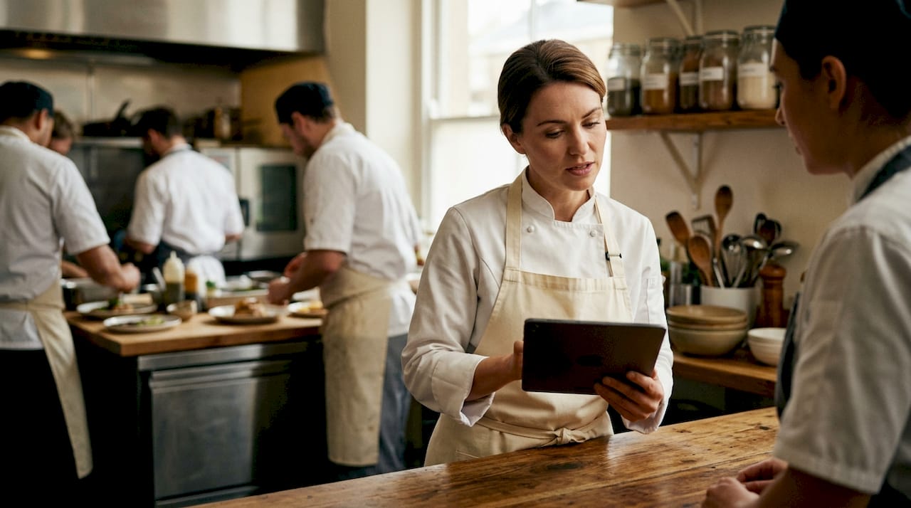 Restaurant manager holding tablet in kitchen