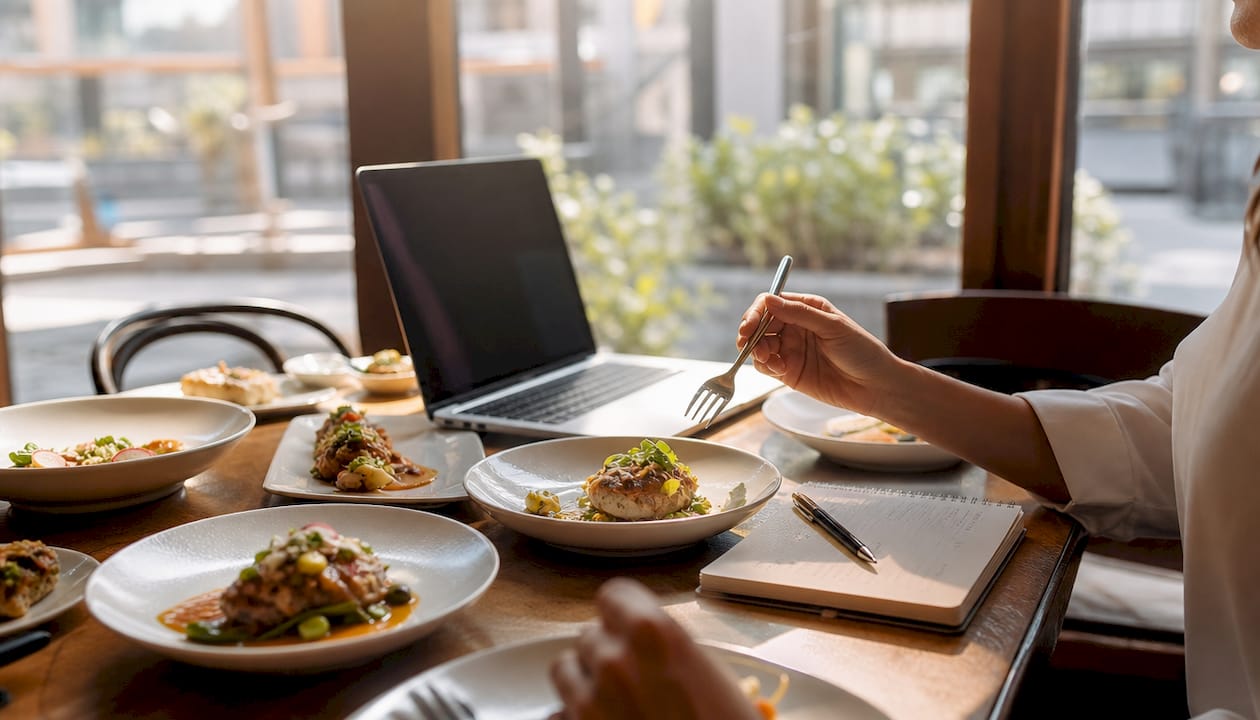 Overhead view of virtual tasting dining table setup