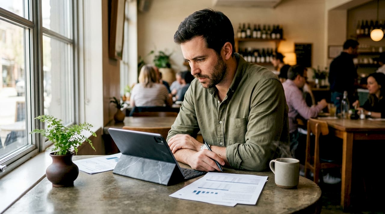 Entrepreneur validating restaurant concept digitally on tablet