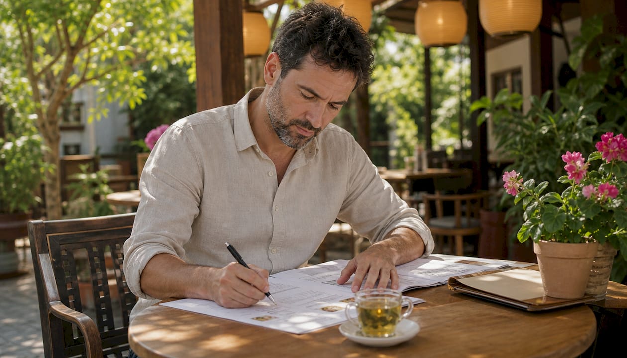 Restaurant owner reviewing printed menu descriptions