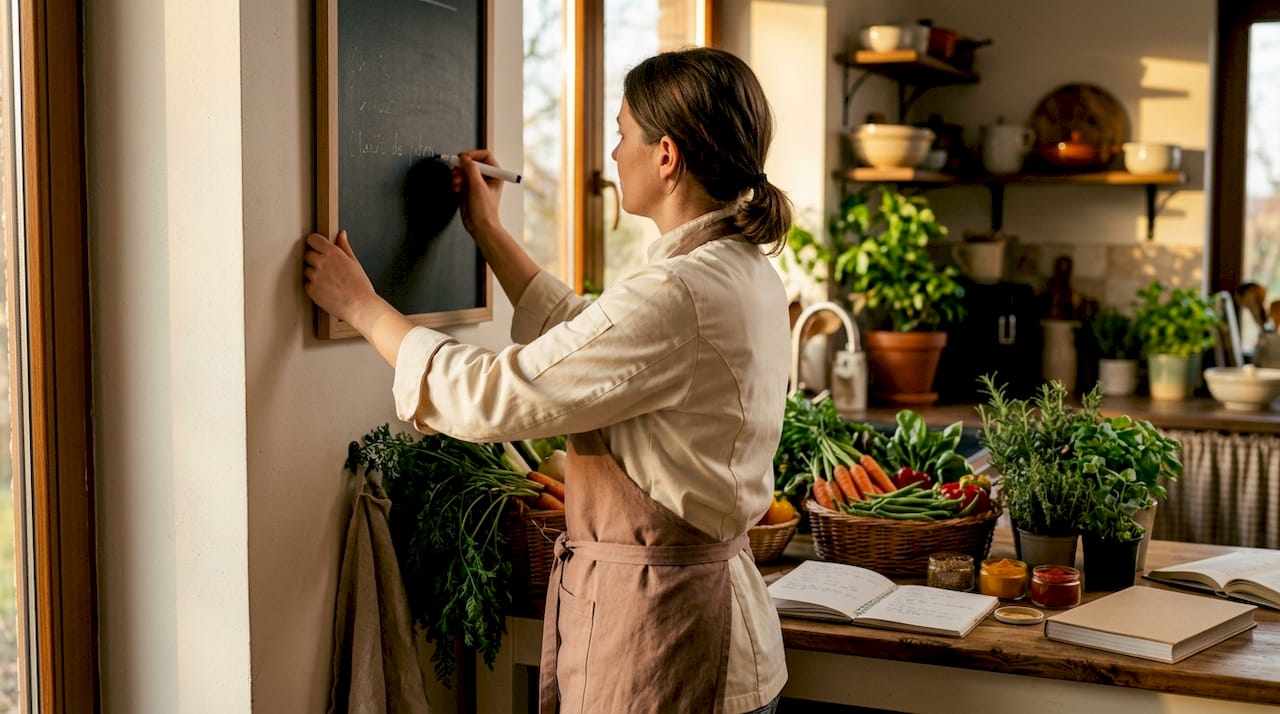 Chef writing menu descriptions on whiteboard in kitchen