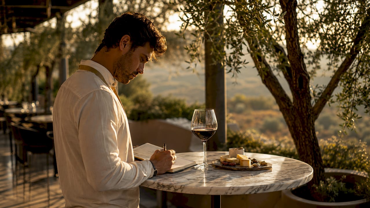 Sommelier writing tasting notes carefully