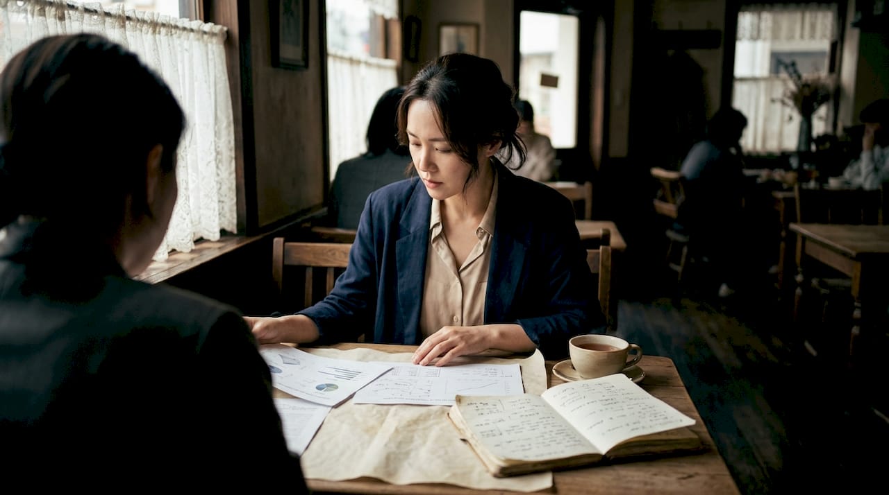 Marketing manager reviewing workflow documents in café